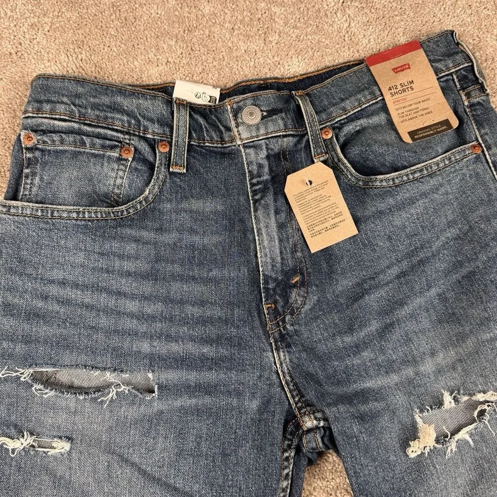 Levi's 412 Jean Shorts NWT New Slim Fit Distressed Ripped Denim Blue Men's 32 9